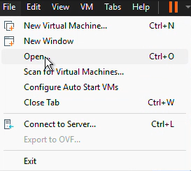 VMware Workstation Pro File menu open showing the Open option for importing an existing virtual machine