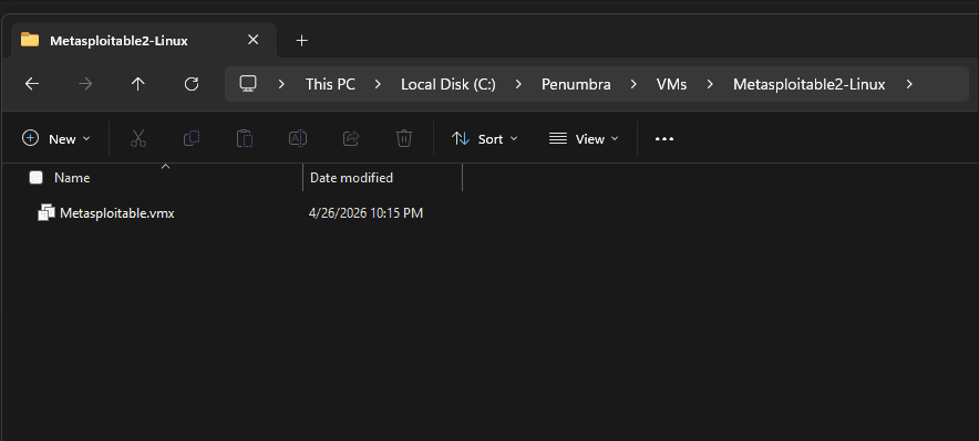Windows file browser navigated to the Metasploitable2 folder inside C:\Penumbra\VMs\ with the Metasploitable.vmx file selected and the Open button highlighted