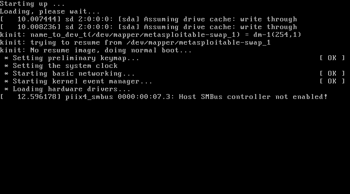 VMware console showing the Metasploitable2 Linux boot sequence scrolling past as the VM starts up
