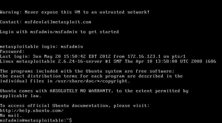 Metasploitable2 text console after logging in with msfadmin credentials showing the bash shell prompt and system information