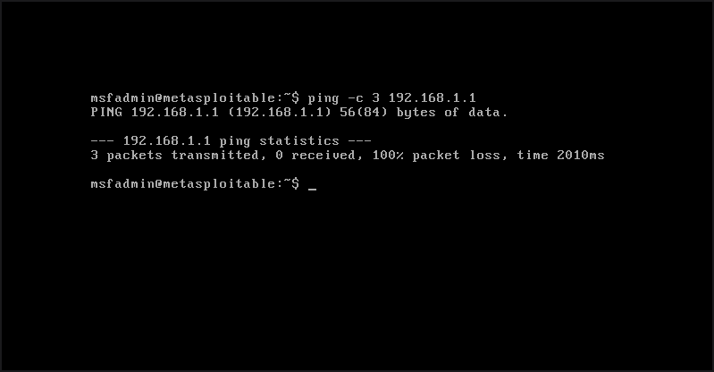 Metasploitable2 console showing the ping -c 3 192.168.1.1 command with no replies and a timeout result confirming the Block RFC1918 rule is blocking access to the home network