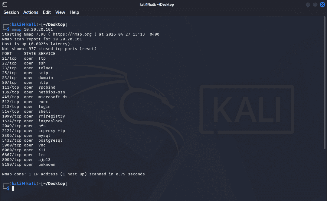 Kali terminal showing the basic nmap scan results for Metasploitable2 with numerous open ports listed including FTP on 21, SSH on 22, Telnet on 23, HTTP on 80, and many more