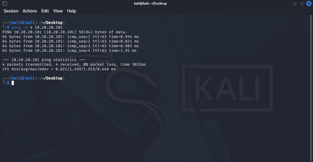 Kali terminal showing the ping -c 4 command to the Metasploitable2 IP address returning four successful replies confirming Kali can reach the DMZ1 segment through pfSense