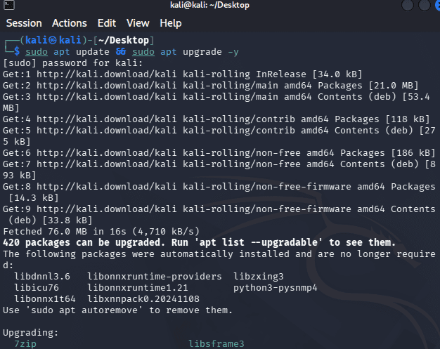 Kali terminal showing the output of sudo apt update and sudo apt upgrade running with package lists being refreshed and updates being installed