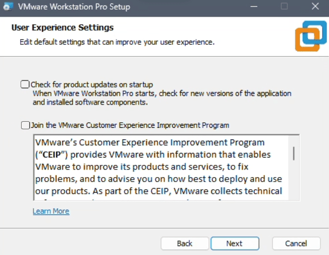 VMware User Experience Settings screen showing product updates and Customer Experience Improvement Program checkboxes